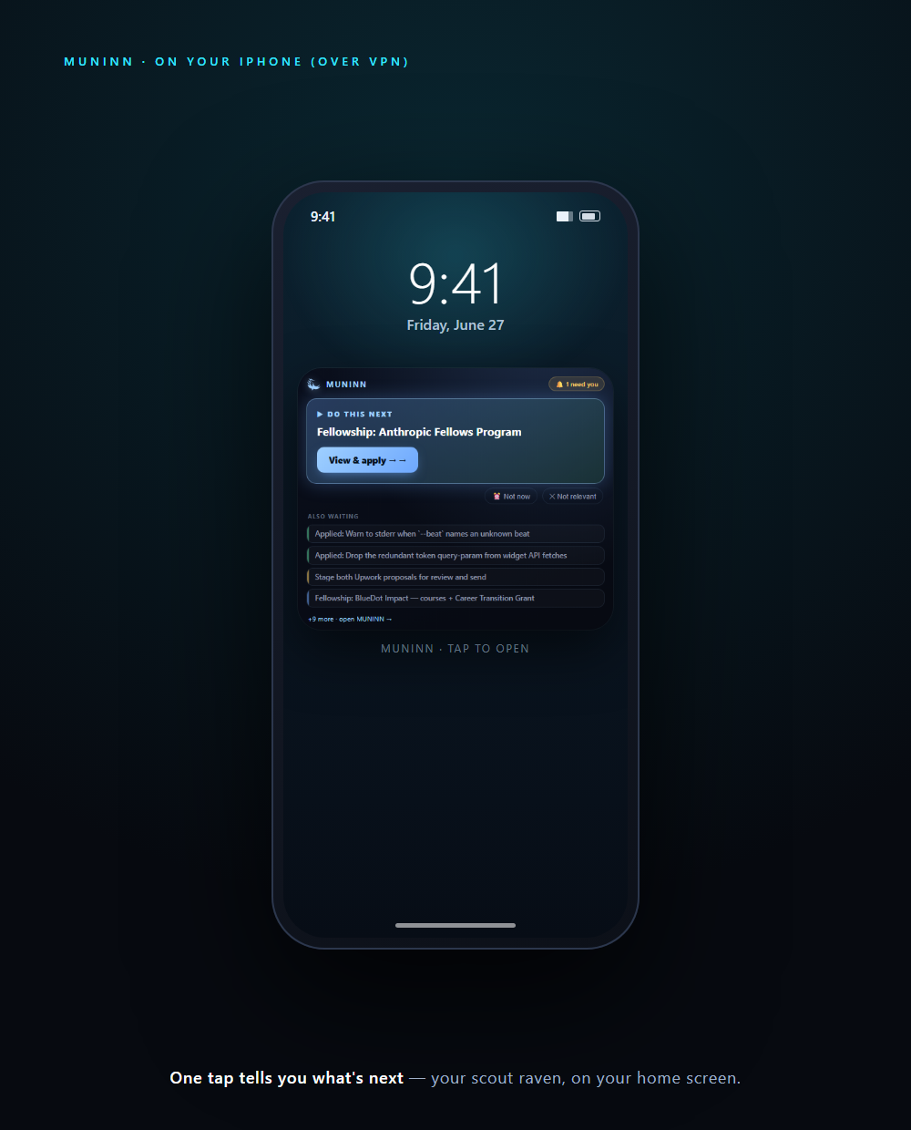 MUNINN on a phone — the brief on your home screen